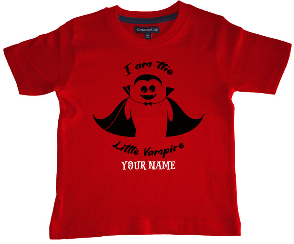 T-shirt enfant personnalisé I am the Little Vampire with Name avec un imprimé blanc, rouge et noir