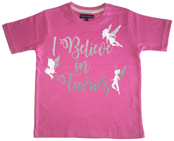 I Believe in Fairies Children's T Shirt with Sparkling Silver and White Print