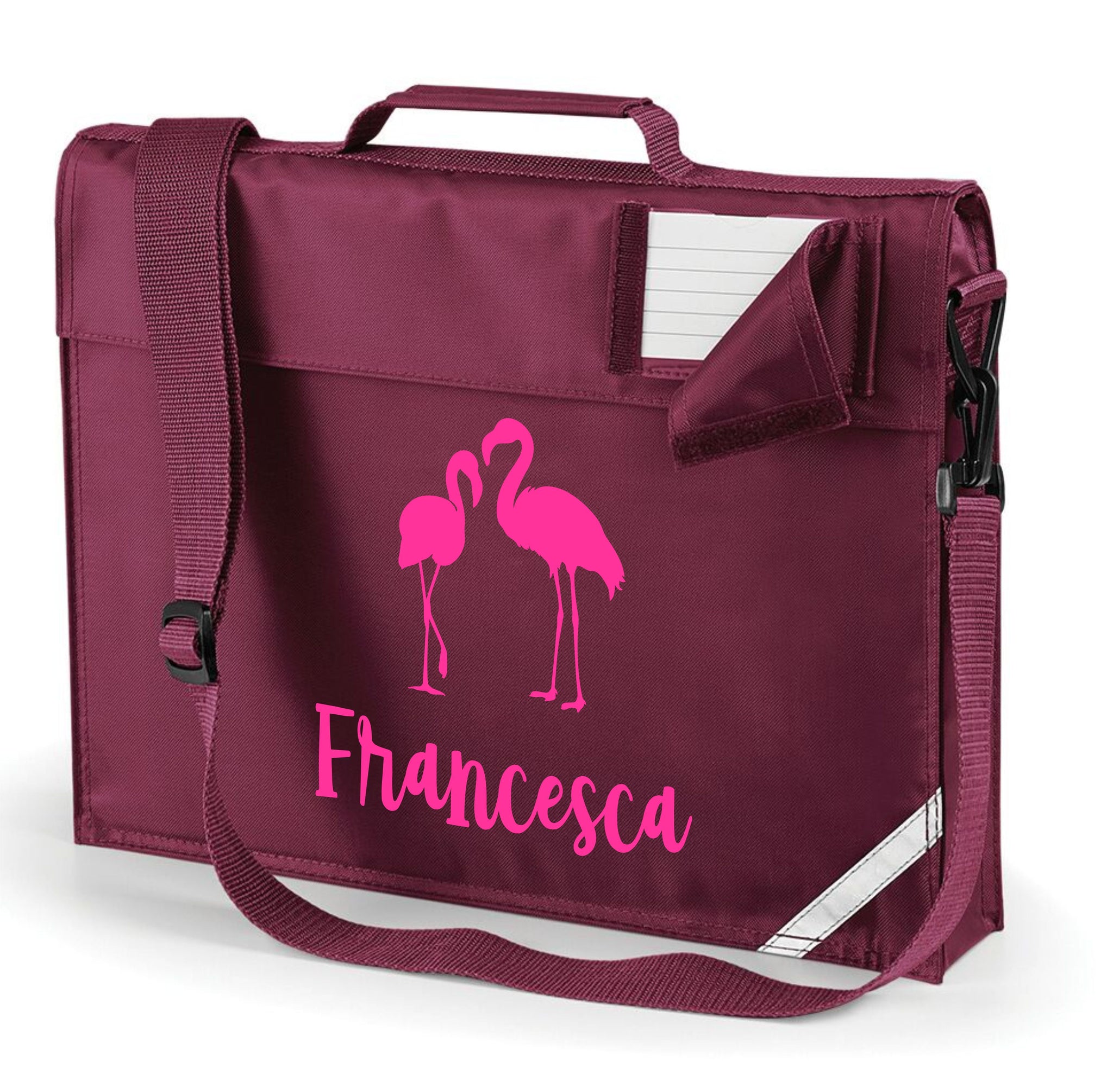 Cartable flamant rose et nom personnalisé avec imprimé rose vif 