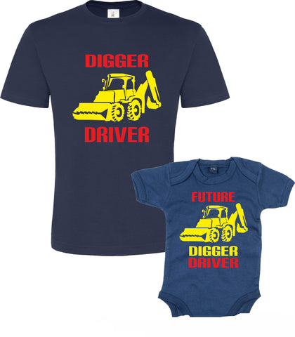 Navy Digger Driver T-Shirt and Future Digger Driver Baby Bodysuit Set