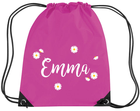Personalised Daisy Ditsy Drawstring Bag with Name in Yellow and White Print