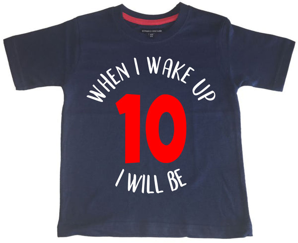 T-shirt anniversaire enfant bleu marine 'Quand je me réveille, je serai...' avec imprimé blanc et rouge 