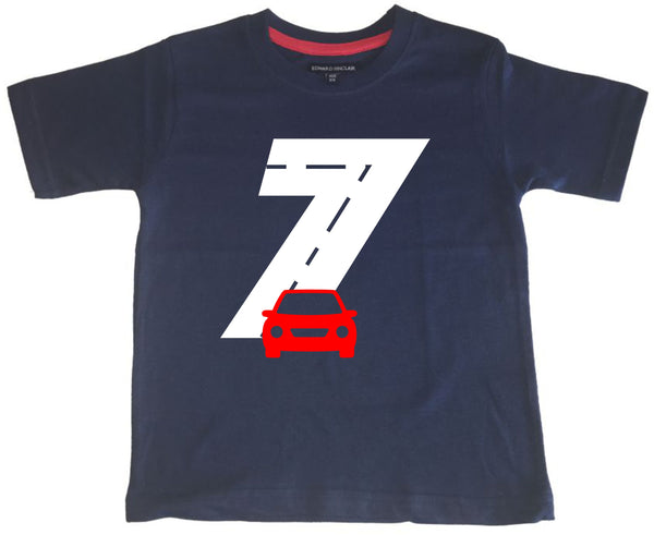 T-shirt enfant bleu marine Birthday Racetrack avec imprimé blanc et rouge