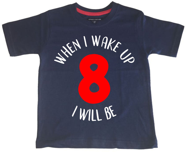 T-shirt anniversaire enfant bleu marine 'Quand je me réveille, je serai...' avec imprimé blanc et rouge 