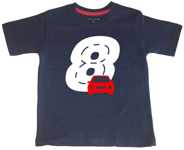 Navy Birthday Racetrack Children's T-Shirt with White and Red Print