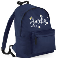 Personalised Daisy Ditsy Backpack with Name and Class in White and Yellow Print