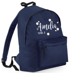 Personalised Daisy Ditsy Backpack with Name and Class in White and Yellow Print