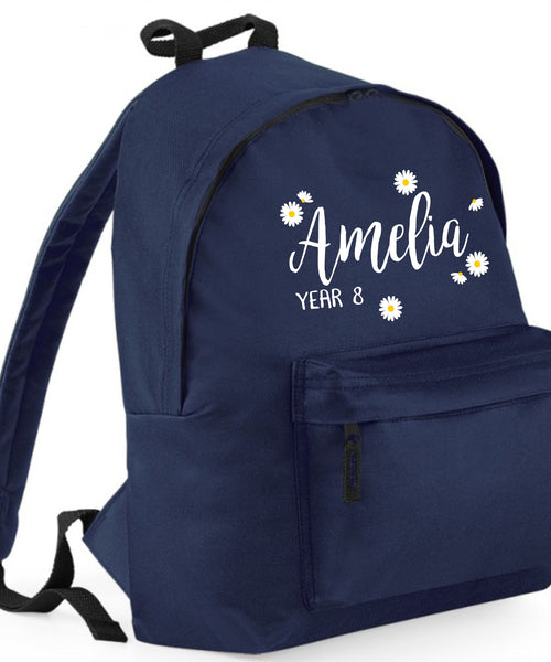 Personalised Daisy Ditsy Backpack with Name and Class in White and Yellow Print