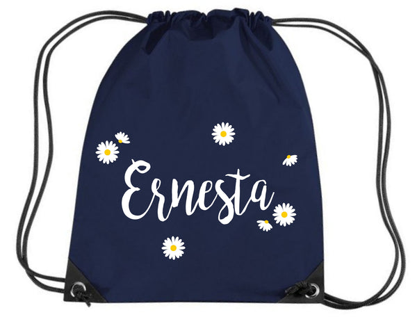 Personalised Daisy Ditsy Drawstring Bag with Name in Yellow and White Print