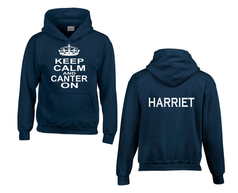 Sweat à capuche personnalisé Keep Calm and Canter On avec nom au dos 