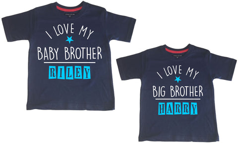 Ensemble de t-shirts personnalisés bleu marine J'aime mon grand frère et j'aime mon petit frère 