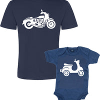 Ensemble t-shirt moto unisexe bleu marine et body bébé cyclomoteur 