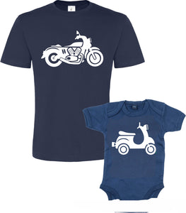 Ensemble t-shirt moto unisexe bleu marine et body bébé cyclomoteur 
