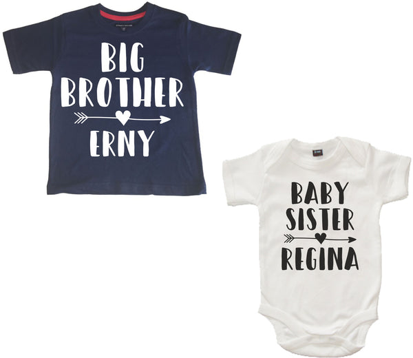 Personalised Big Brother Navy T Shirt and Baby Sister White Bodysuit Arrow Set