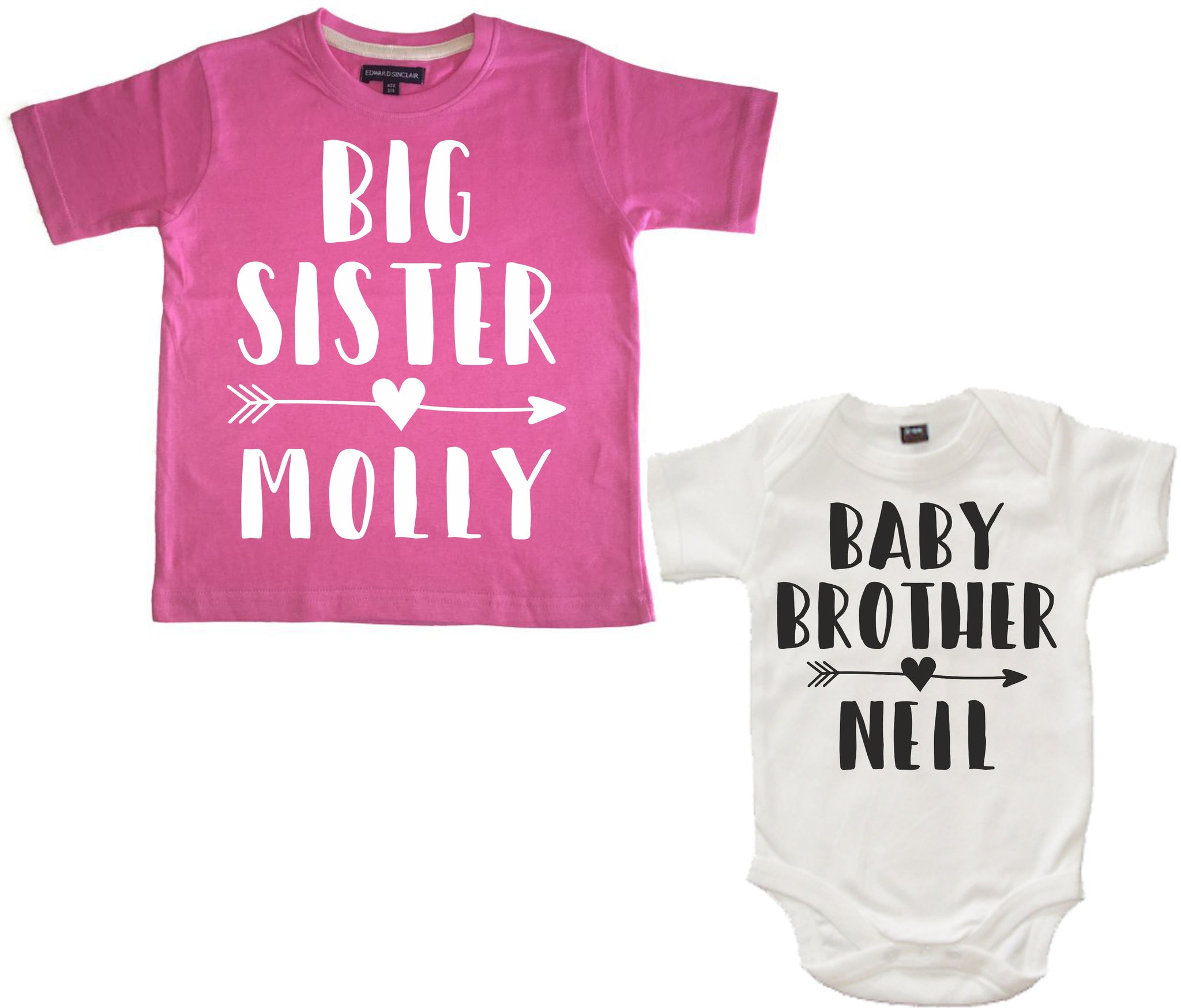 Personalised Big Sister Bubblegum Pink T Shirt and Little Brother White Bodysuit Arrow Set