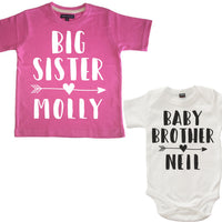 Personalised Big Sister Bubblegum Pink T Shirt and Little Brother White Bodysuit Arrow Set