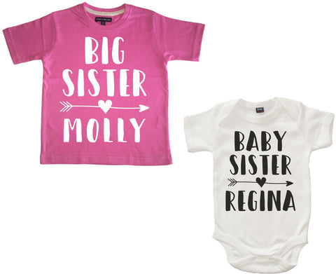 Personalised Big Sister Bubblegum Pink T-Shirt and Baby Sister White Baby Bodysuit Set