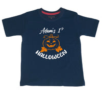 T-shirt Halloween personnalisé pour enfant avec nom et année et imprimé blanc et noir/orange