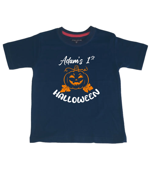 T-shirt Halloween personnalisé pour enfant avec nom et année et imprimé blanc et noir/orange