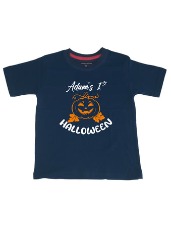 T-shirt Halloween personnalisé pour enfant avec nom et année et imprimé blanc et noir/orange