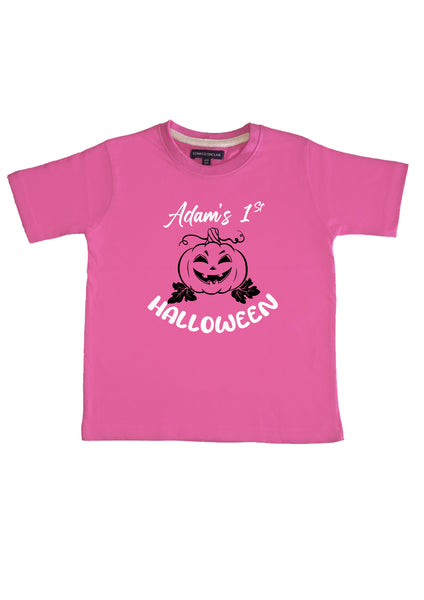 Personalised Name and Year Halloween Children's T-shirt with White and Black/Orange Print