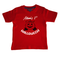 T-shirt Halloween personnalisé pour enfant avec nom et année et imprimé blanc et noir/orange