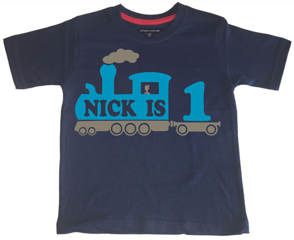 Personalised Train Children's Birthday T Shirt with Name and Age