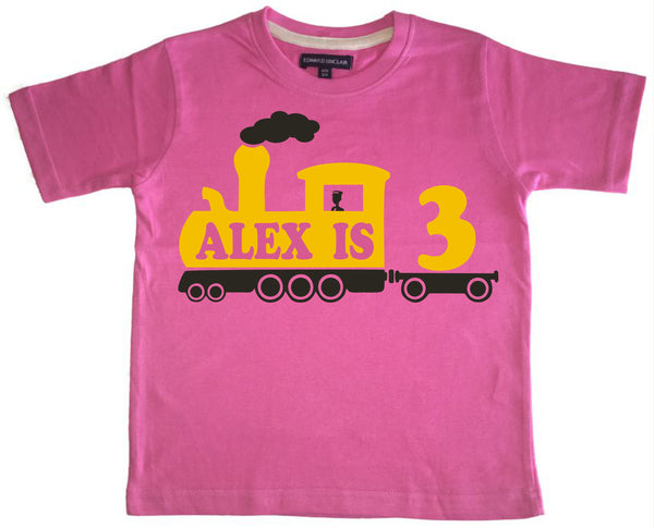Personalised Train Children's Birthday T Shirt with Name and Age