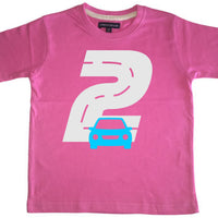 T-shirt pour enfant Bubblegum Pink Birthday Racetrack avec paillettes blanches et imprimé bleu