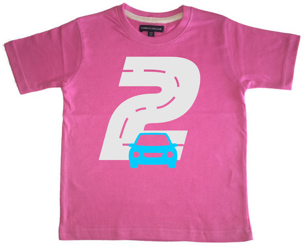 T-shirt pour enfant Bubblegum Pink Birthday Racetrack avec paillettes blanches et imprimé bleu