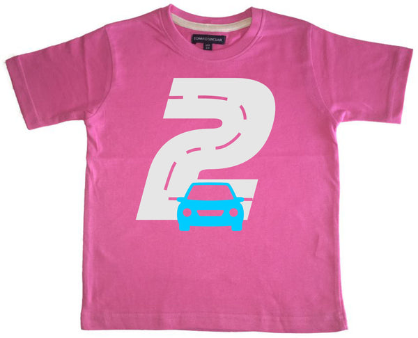 Bubblegum Pink Birthday Racetrack Children's T-shirt with White Glitter and Blue Print