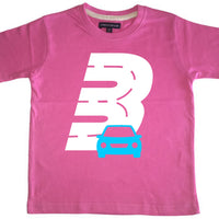 T-shirt pour enfant Bubblegum Pink Birthday Racetrack avec paillettes blanches et imprimé bleu