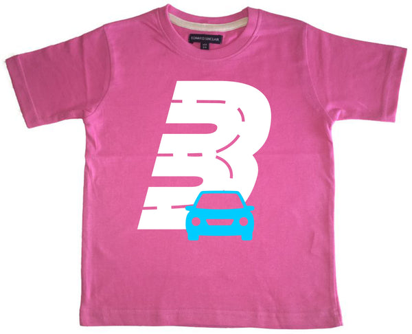 Bubblegum Pink Birthday Racetrack Children's T-shirt with White Glitter and Blue Print