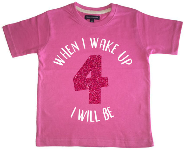 T-shirt enfant rose bonbon 'Quand je me réveille, je serai...' avec imprimé pailleté blanc et rose 