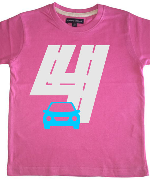T-shirt pour enfant Bubblegum Pink Birthday Racetrack avec paillettes blanches et imprimé bleu