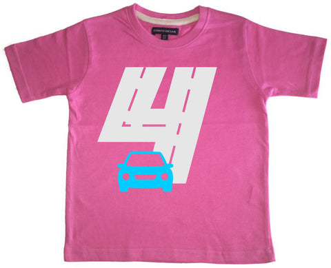 T-shirt pour enfant Bubblegum Pink Birthday Racetrack avec paillettes blanches et imprimé bleu