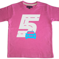 T-shirt pour enfant Bubblegum Pink Birthday Racetrack avec paillettes blanches et imprimé bleu