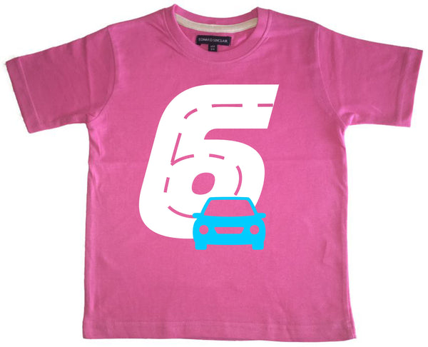 T-shirt pour enfant Bubblegum Pink Birthday Racetrack avec paillettes blanches et imprimé bleu