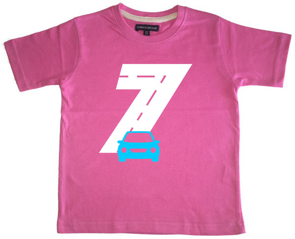 T-shirt pour enfant Bubblegum Pink Birthday Racetrack avec paillettes blanches et imprimé bleu