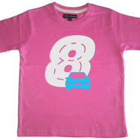 T-shirt pour enfant Bubblegum Pink Birthday Racetrack avec paillettes blanches et imprimé bleu