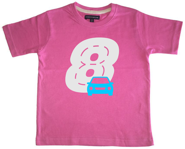 T-shirt pour enfant Bubblegum Pink Birthday Racetrack avec paillettes blanches et imprimé bleu