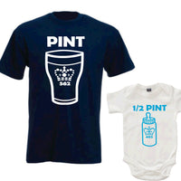 Navy Unisex Pint T-shirt and White Half Pint (Blue Print) Baby Bodysuit Set