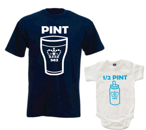 Ensemble t-shirt pinte unisexe bleu marine et body bébé demi-pinte blanc (imprimé bleu) 