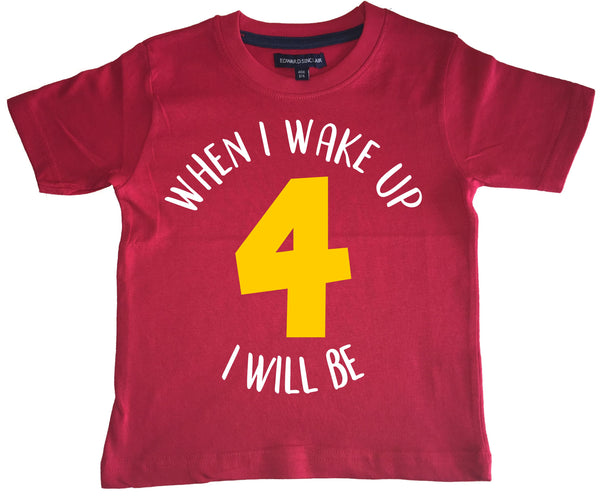 T-shirt enfant rouge 'Quand je me réveille je serai...' anniversaire avec imprimé blanc et jaune 