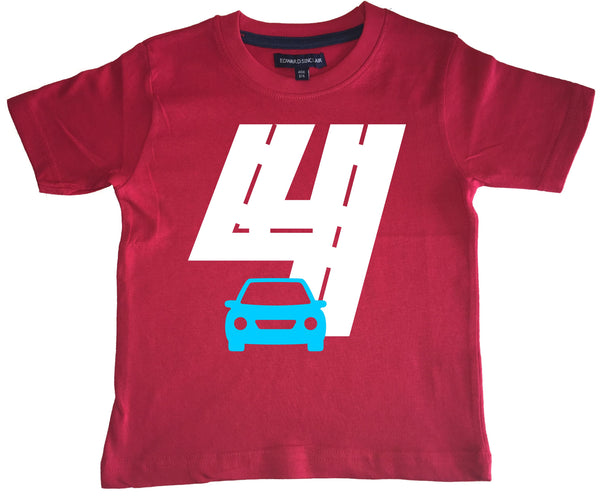 T-shirt rouge pour enfant Birthday Racetrack avec imprimé blanc et bleu