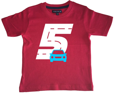 T-shirt rouge pour enfant Birthday Racetrack avec imprimé blanc et bleu