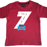 Red Birthday Racetrack Children's T-Shirt with White and Blue Print
