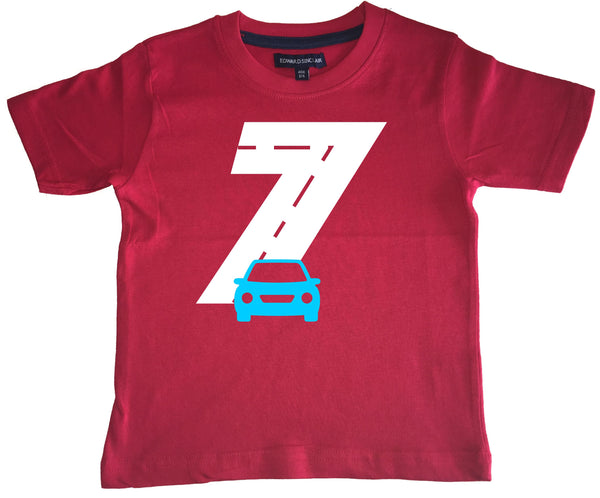 T-shirt rouge pour enfant Birthday Racetrack avec imprimé blanc et bleu