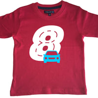 Red Birthday Racetrack Children's T-Shirt with White and Blue Print