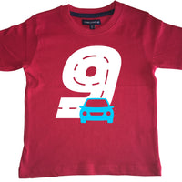 Red Birthday Racetrack Children's T-Shirt with White and Blue Print